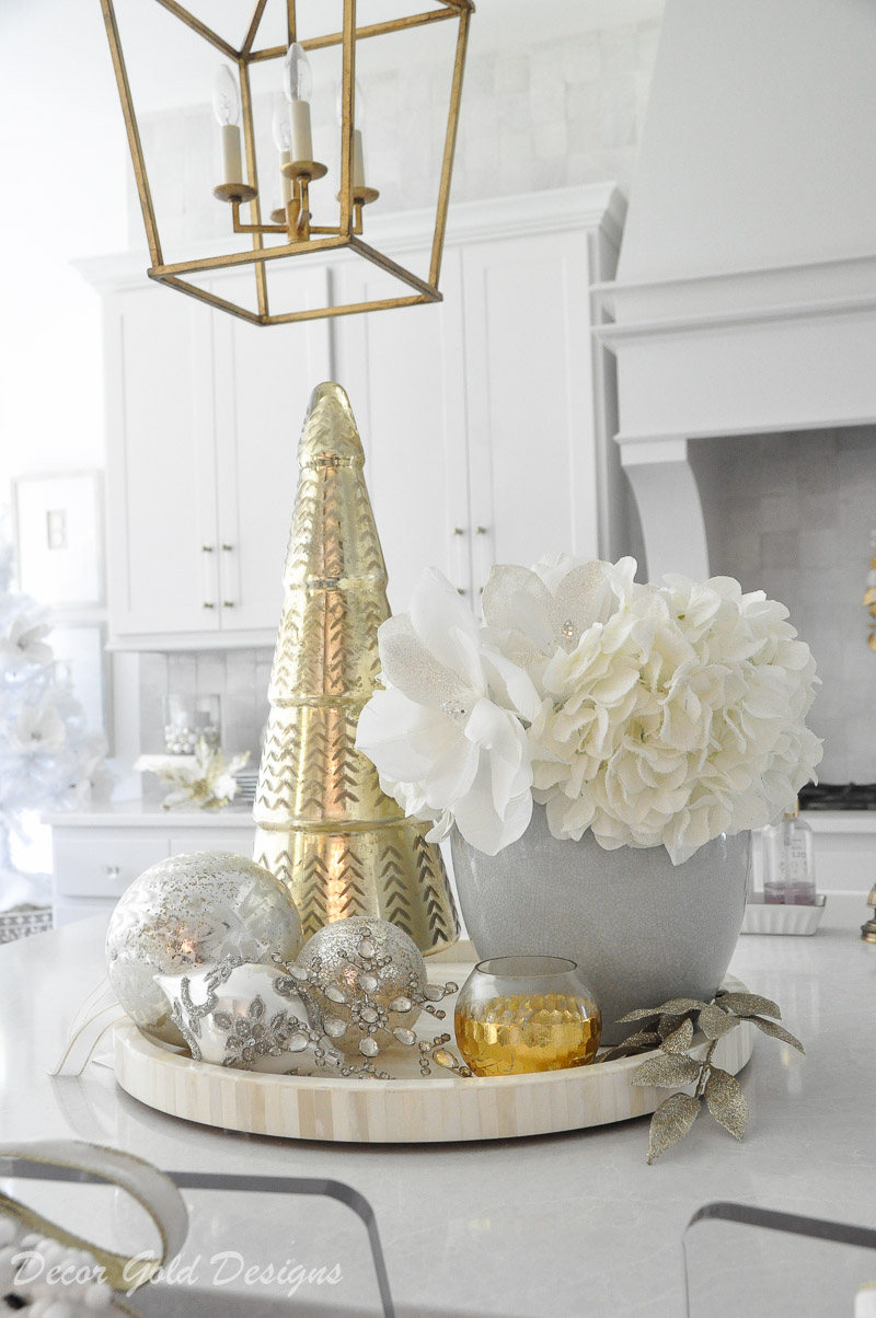 Bright cheerful Christmas kitchen decorated island tray