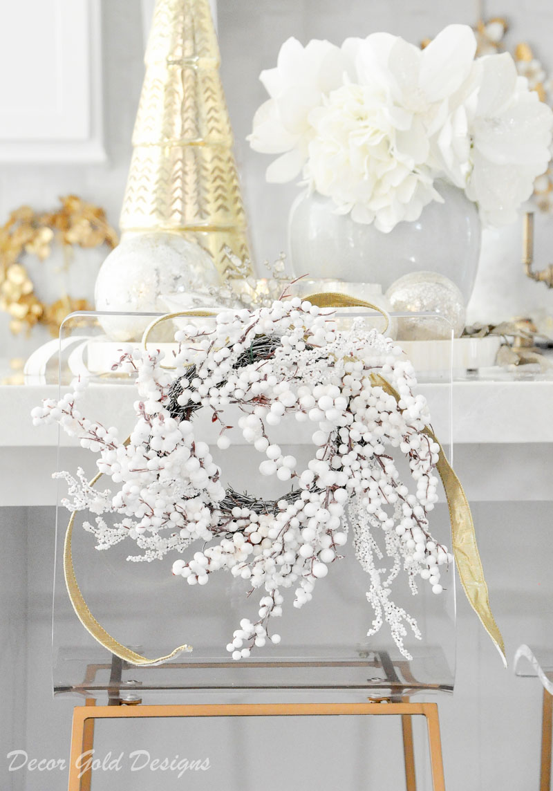 Bright cheerful Christmas kitchen decorated white berry wreath