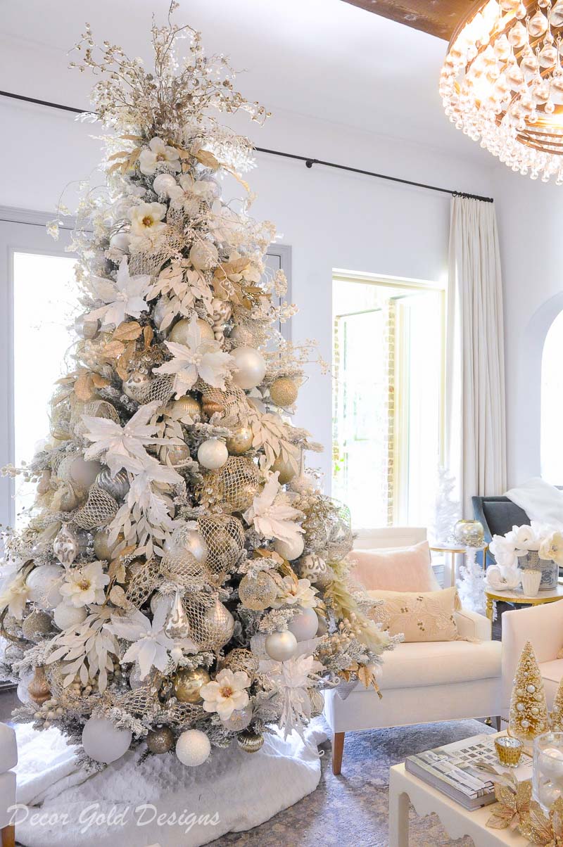 Decorated Christmas living room beautiful white flocked tree