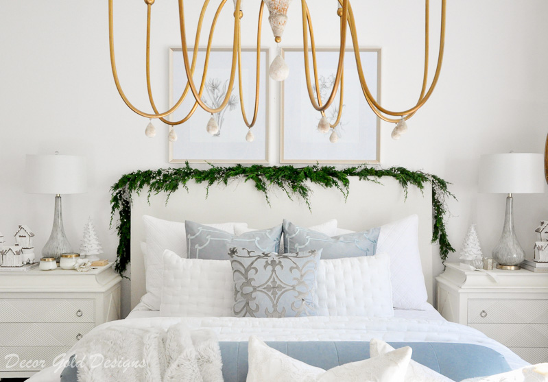 Beautiful Christmas bedroom decorated white blue