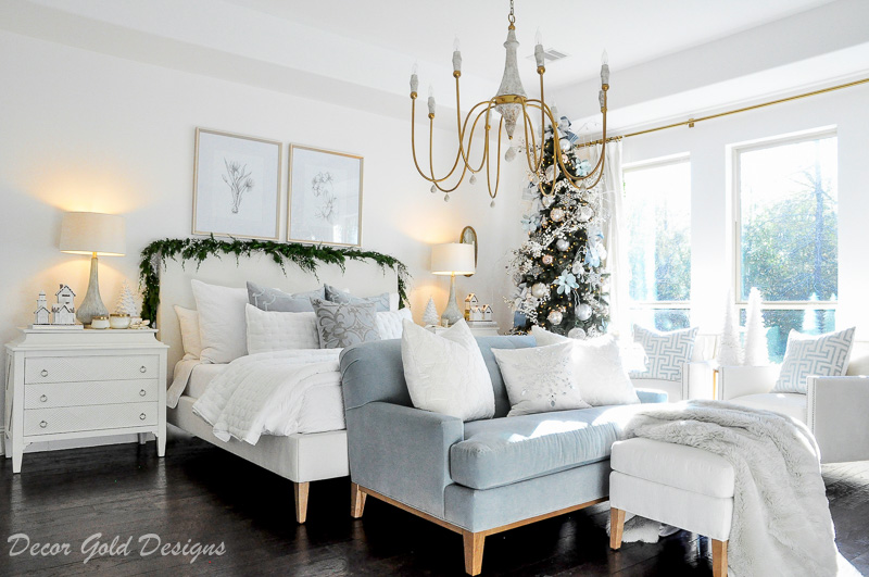 Beautiful Christmas bedroom decorated white blue