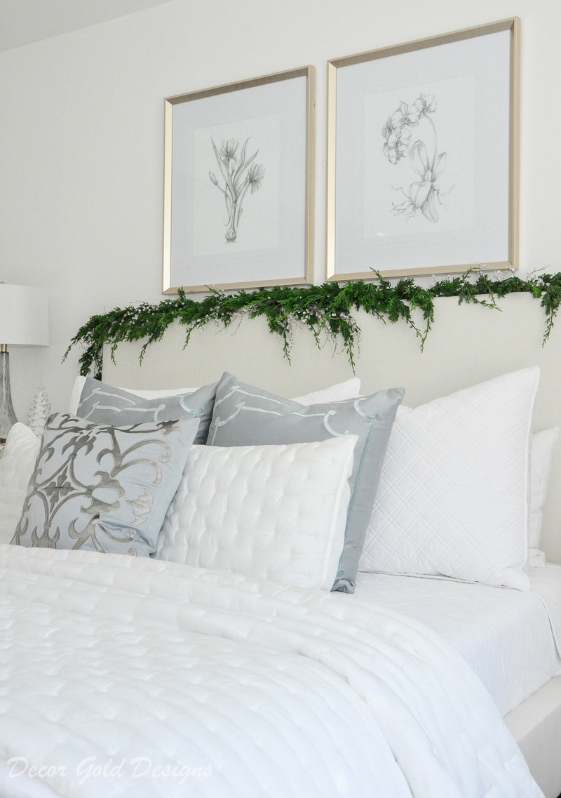 Christmas bedroom white bedding beautiful faux garland