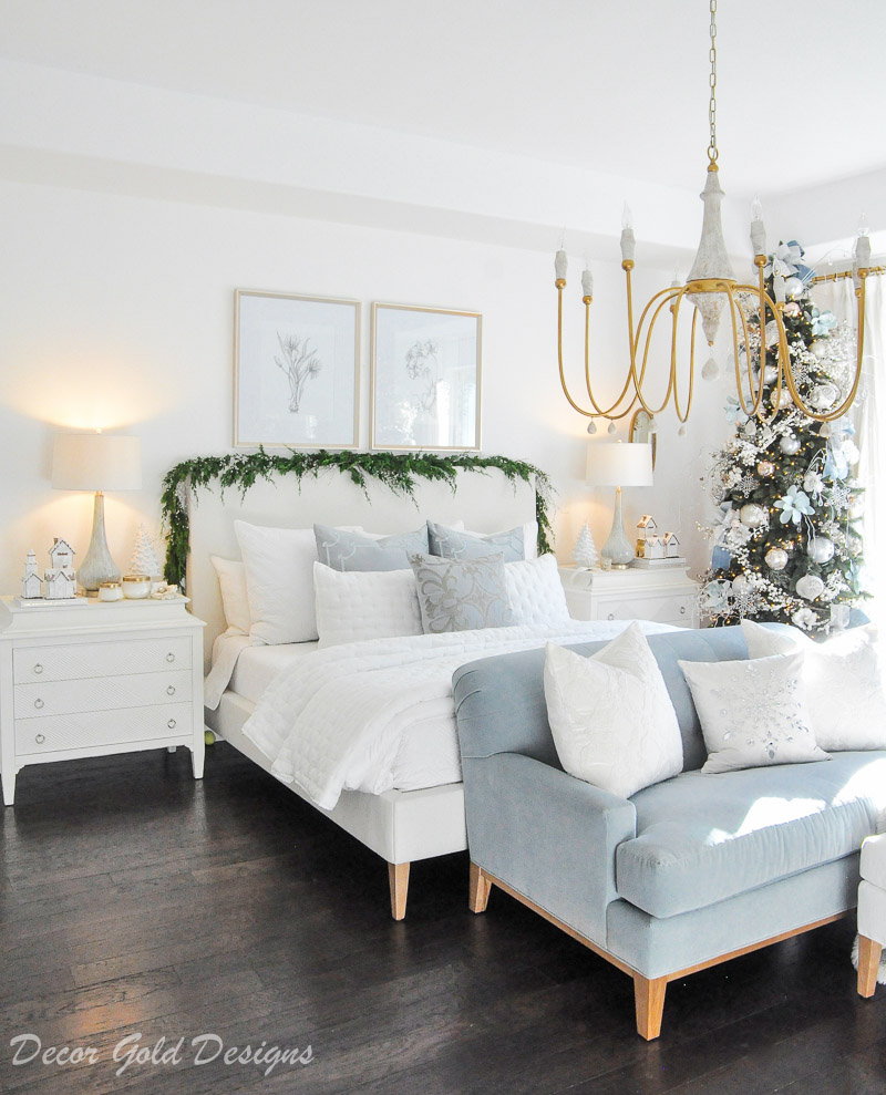 Beautiful Christmas bedroom decorated white blue