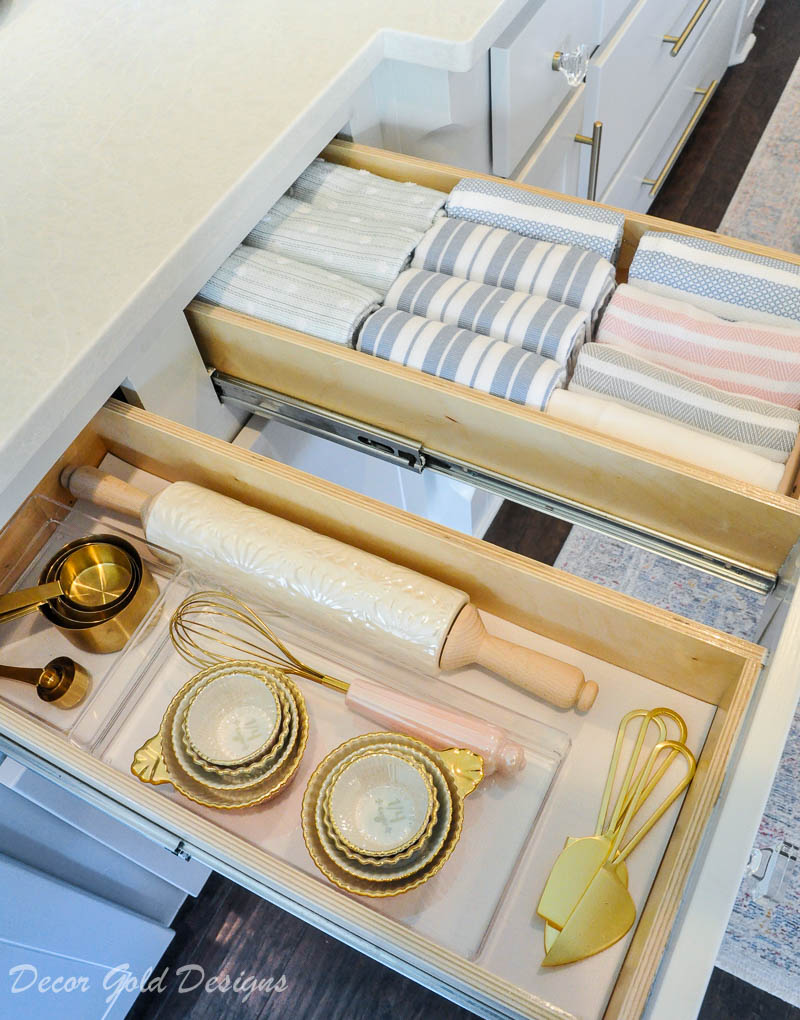 Kitchen organization project cooking drawers dishtowels baking items