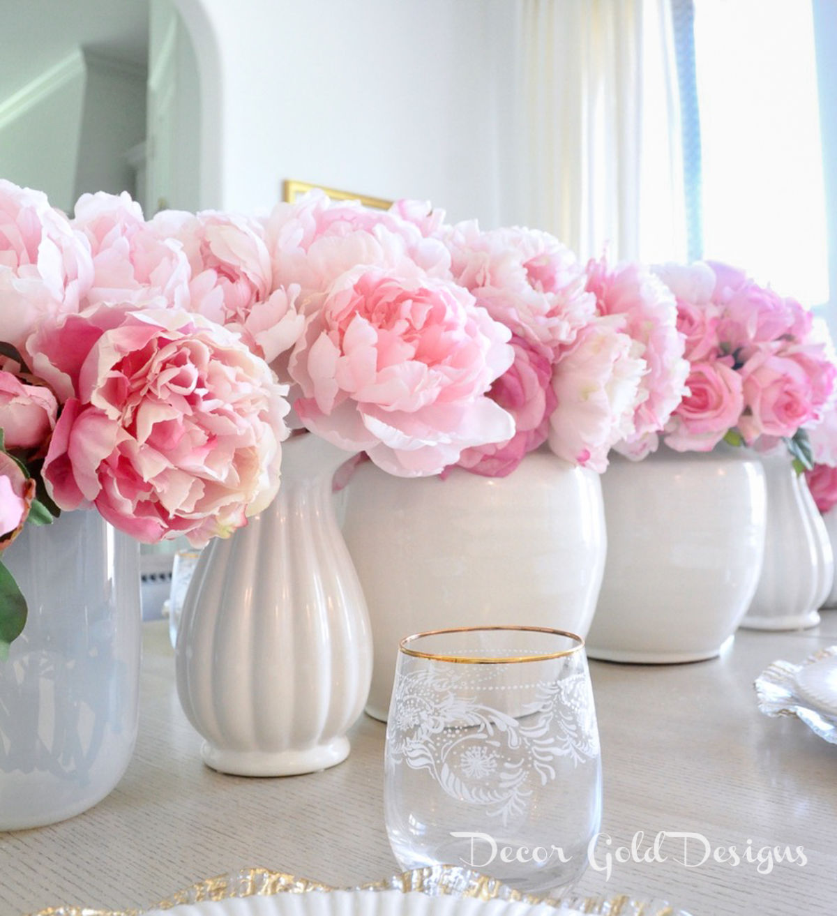 Spring home tour faux pink peonies centerpiece