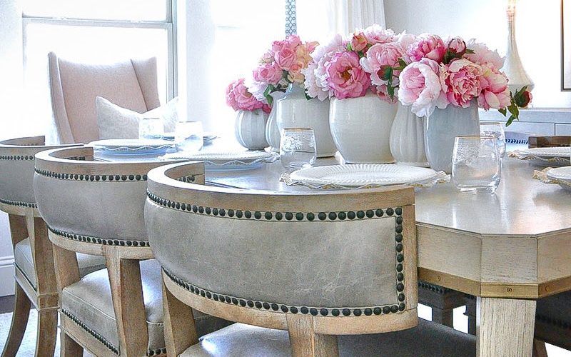 Spring home tour faux pink peonies centerpiece