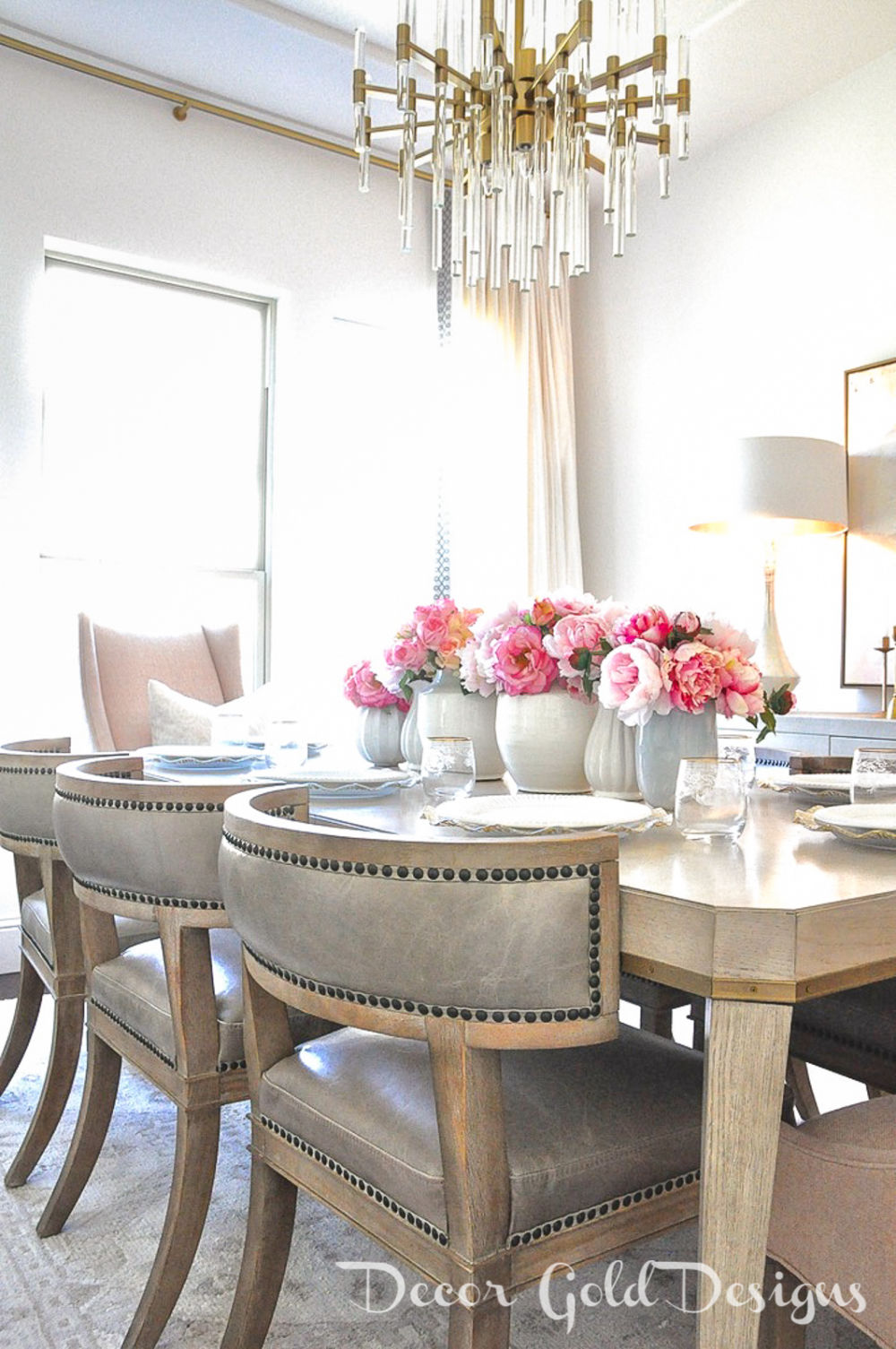 Spring home tour dining room faux pink peonies centerpiece