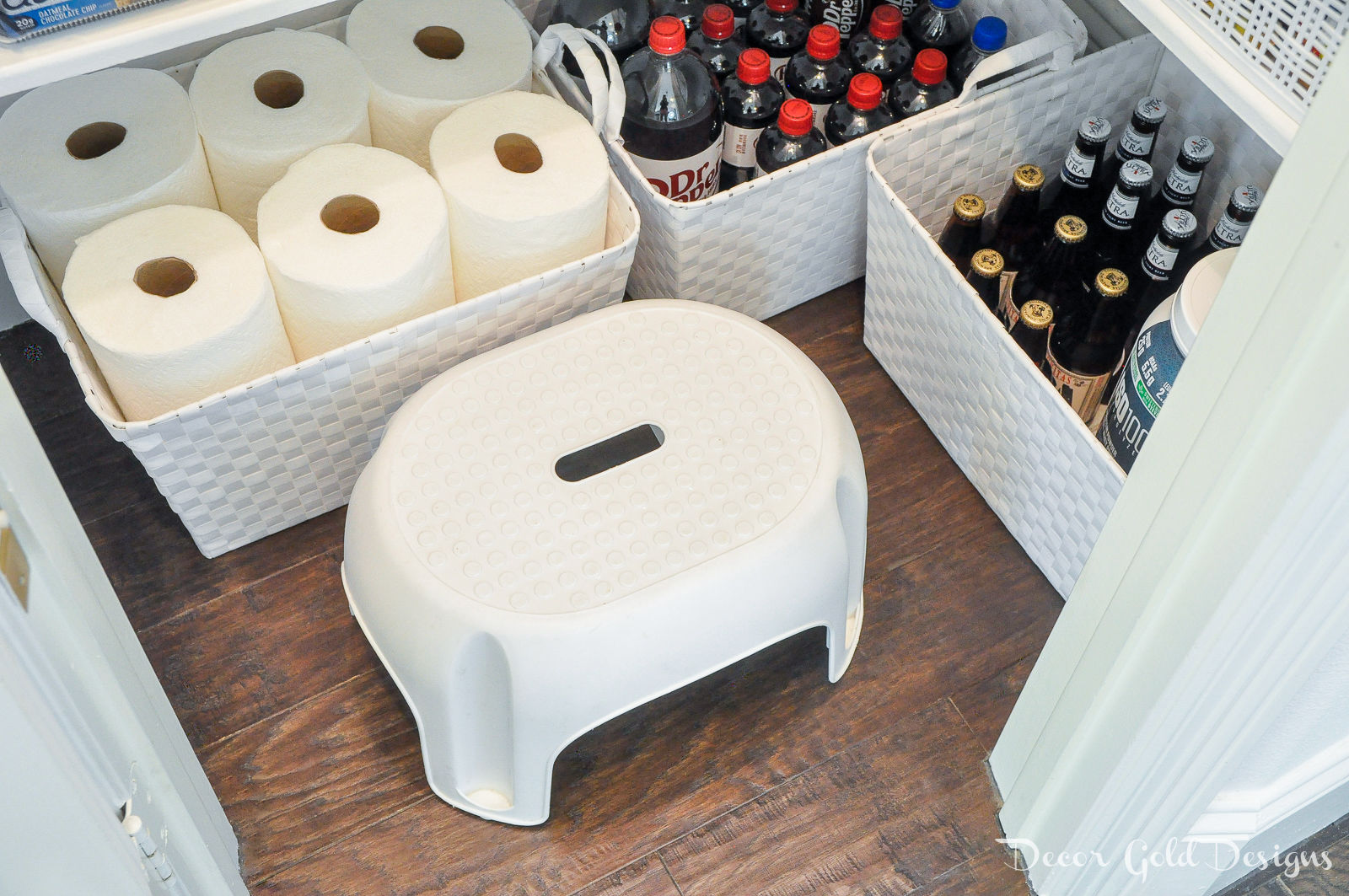 Organized pantry floor baskets 