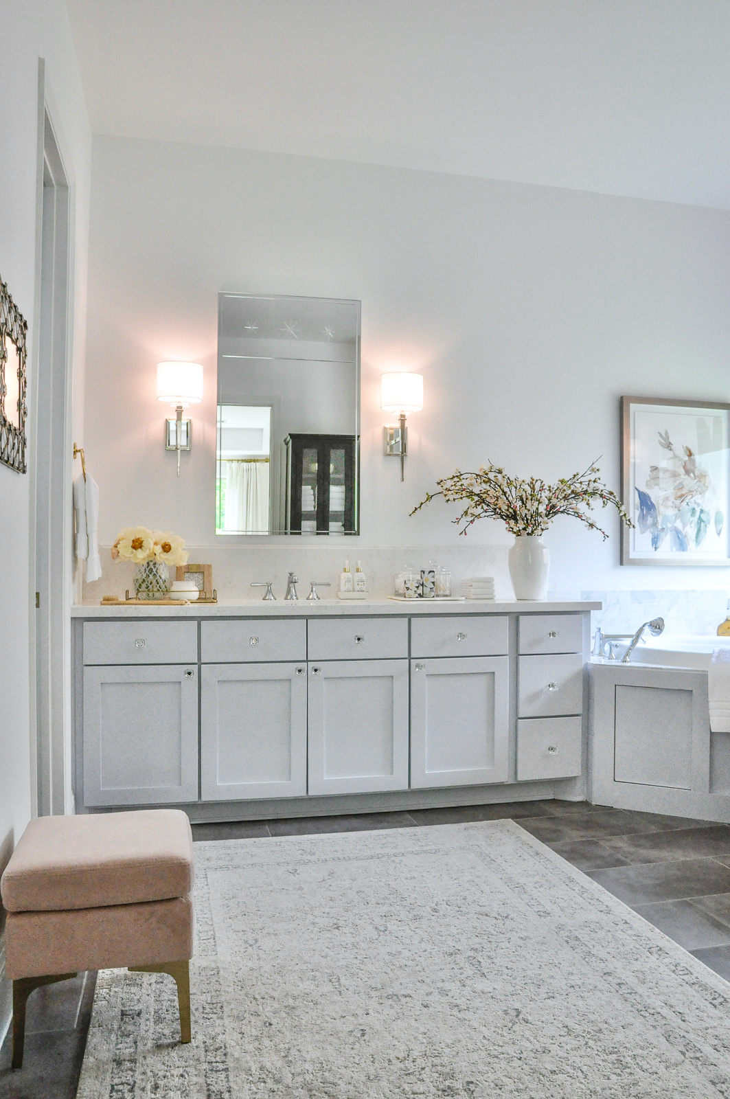 Master bathroom with a bright and beautiful new look. This reveal shows every angle and detail!