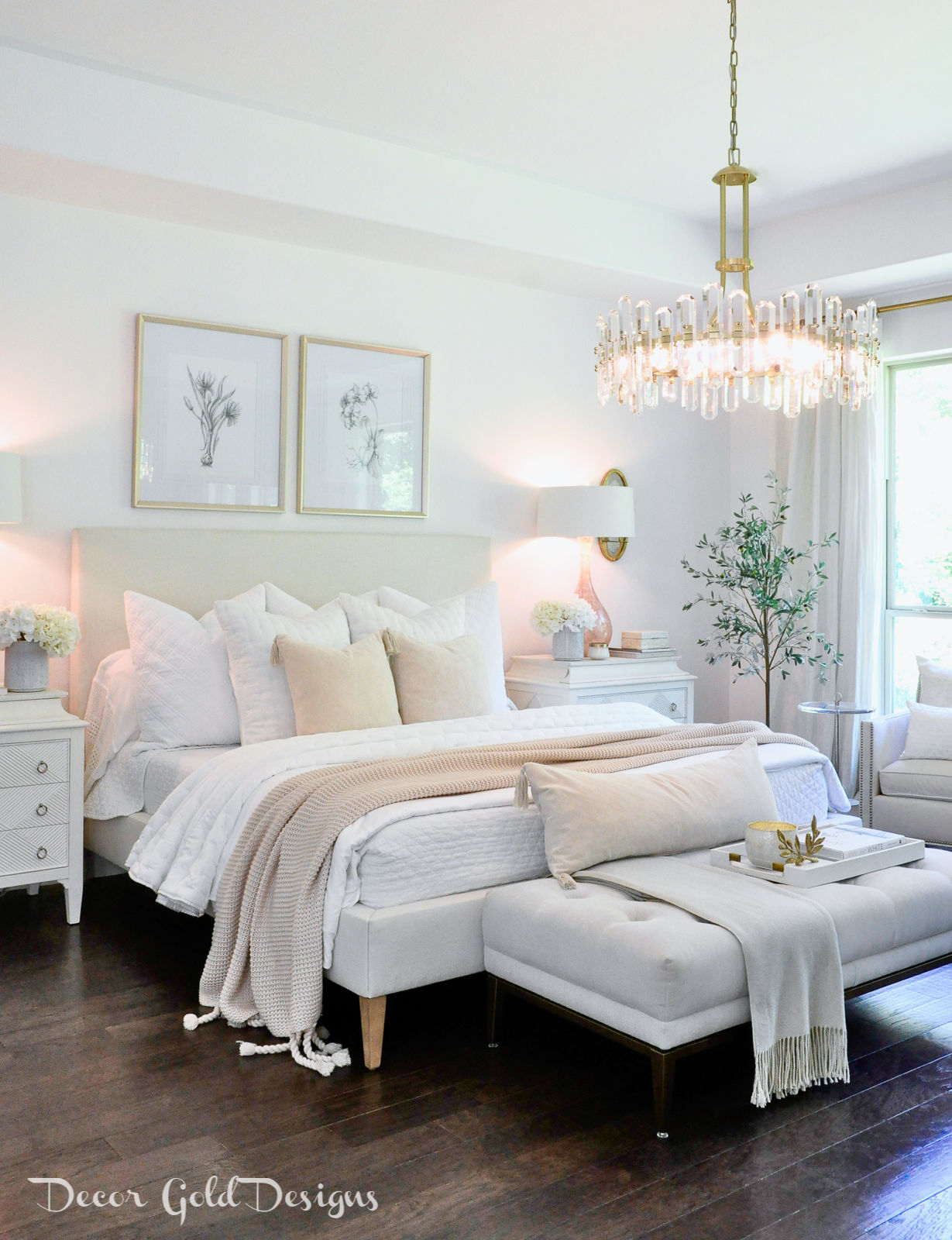 Elegant White Master Bedroom & Blush Decorative Pillows - The Pink Dream