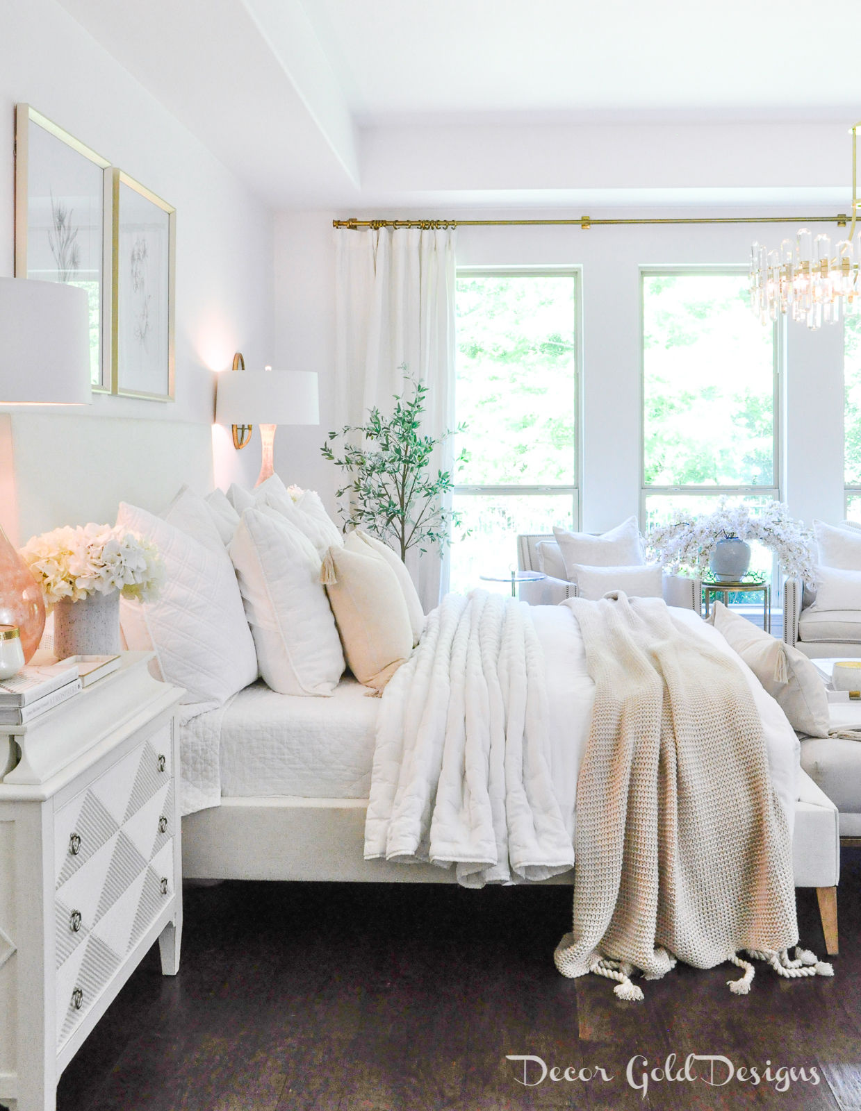 Elegant White Master Bedroom & Blush Decorative Pillows - The Pink Dream