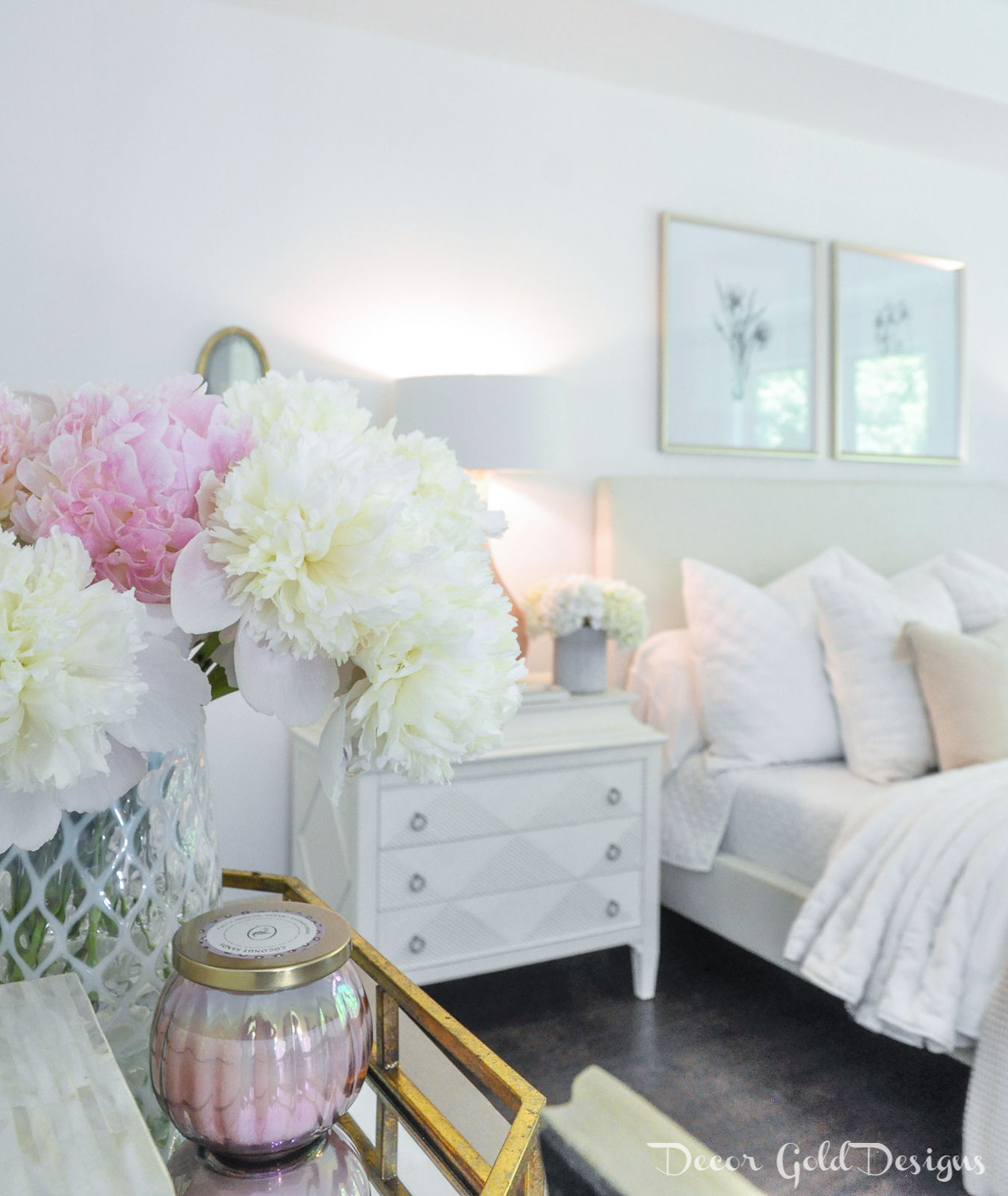 Elegant White Master Bedroom & Blush Decorative Pillows - The Pink