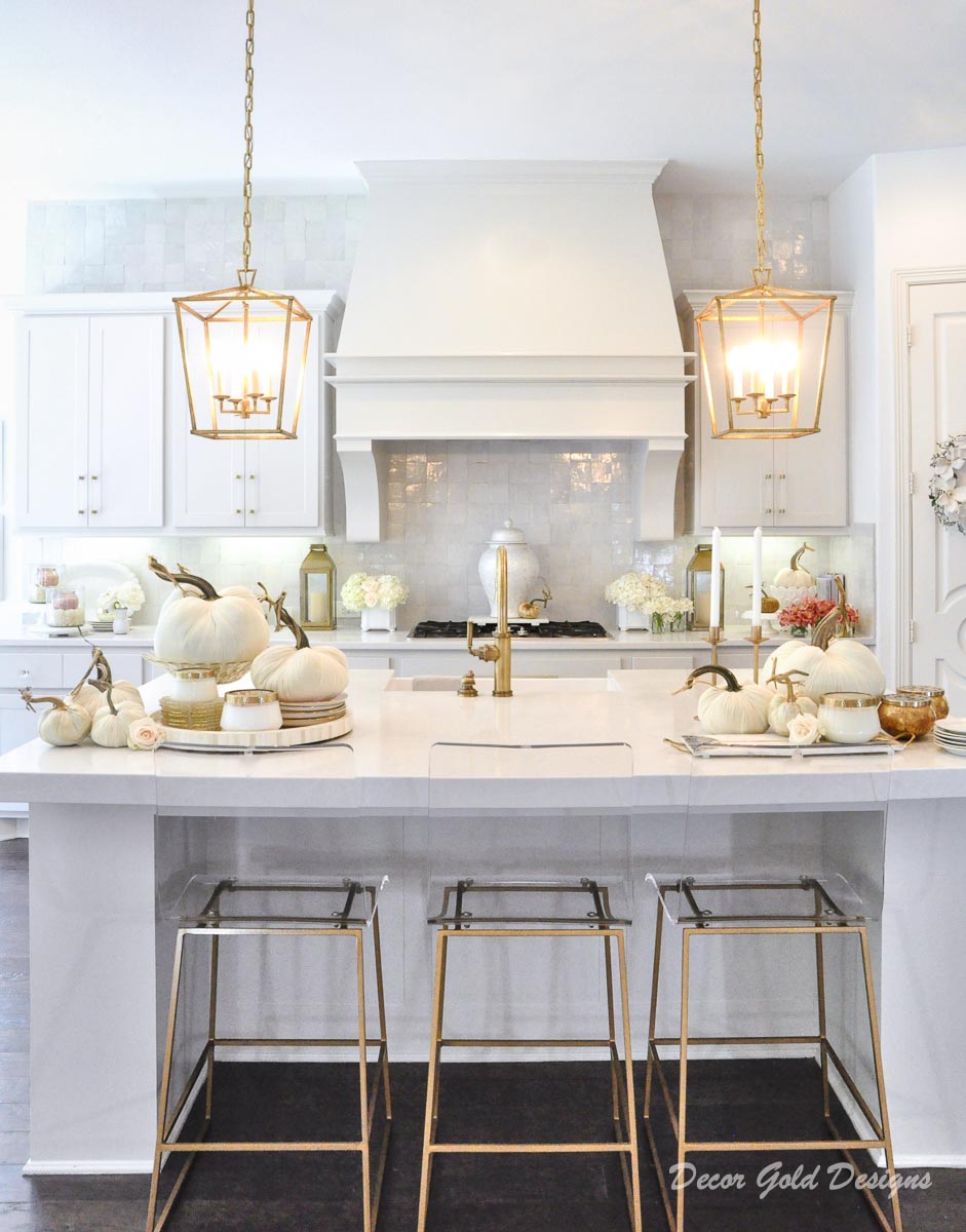 Fall kitchen white gold velvet pumpkins home tour