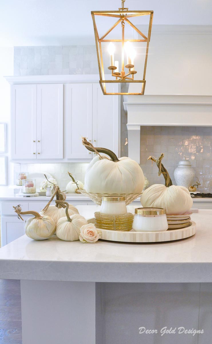 Fall kitchen counter decor white gold velvet pumpkins home tour