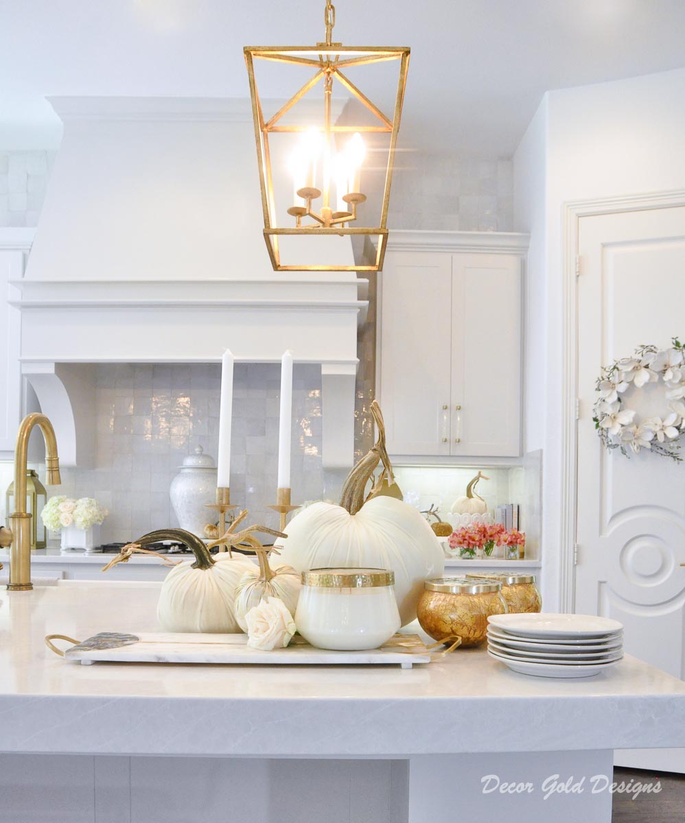 Fall kitchen counter decor white gold velvet pumpkins home tour