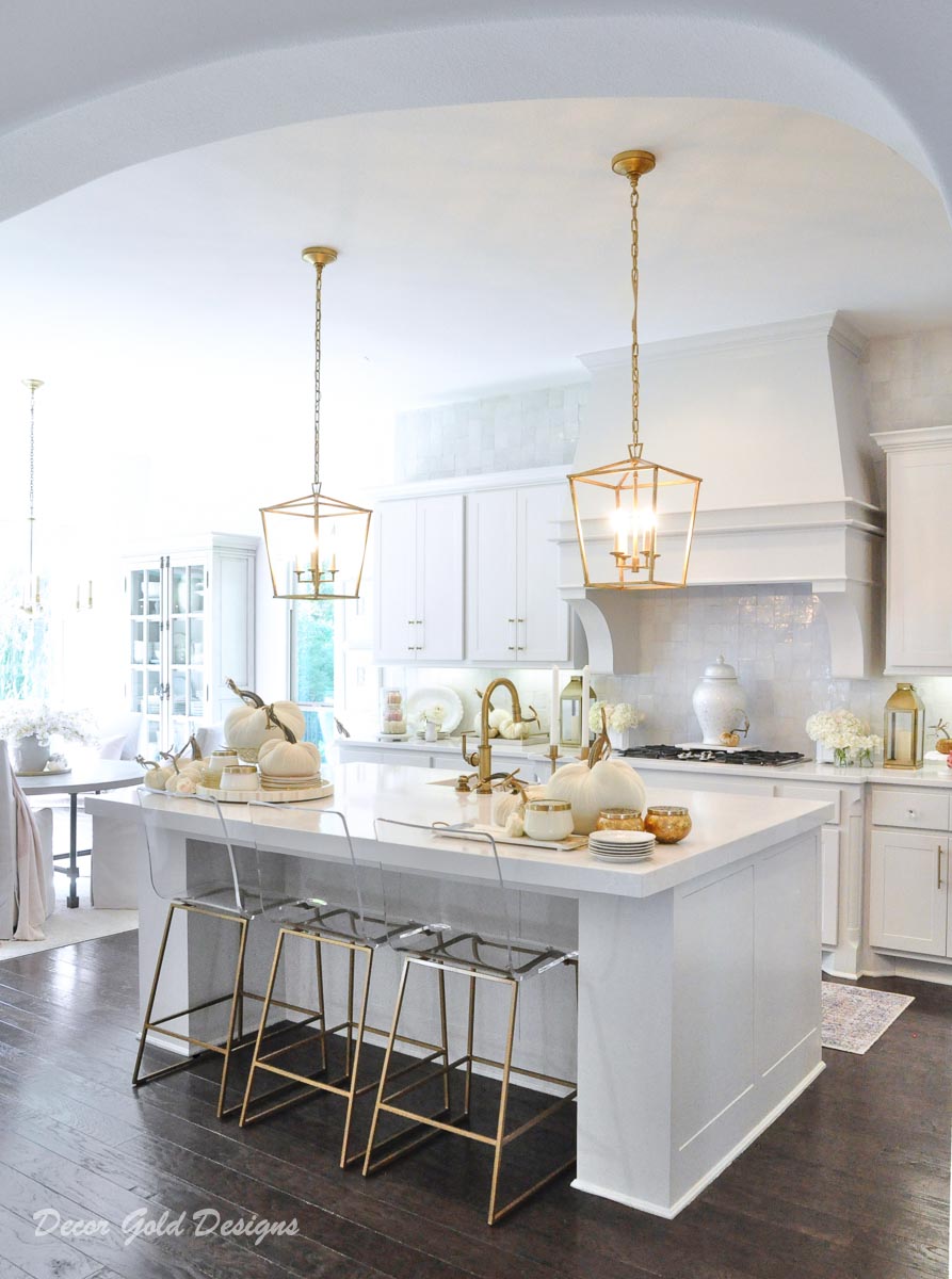 Fall kitchen white gold velvet pumpkins home tour