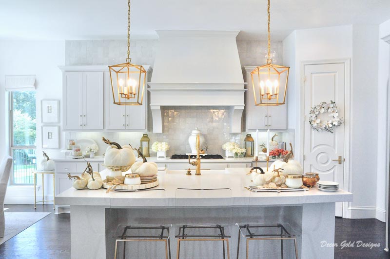 Fall kitchen white gold velvet pumpkins home tour