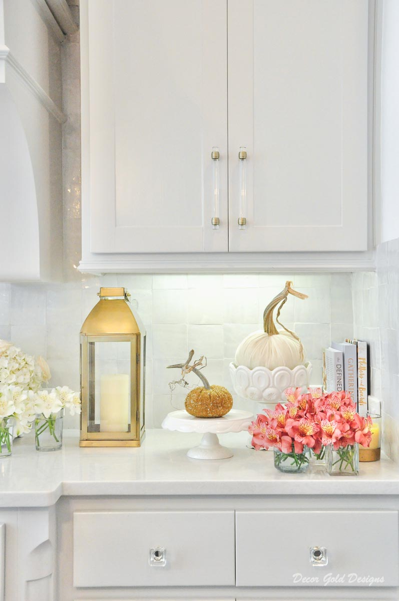 Fall kitchen counter decor white gold velvet pumpkins home tour