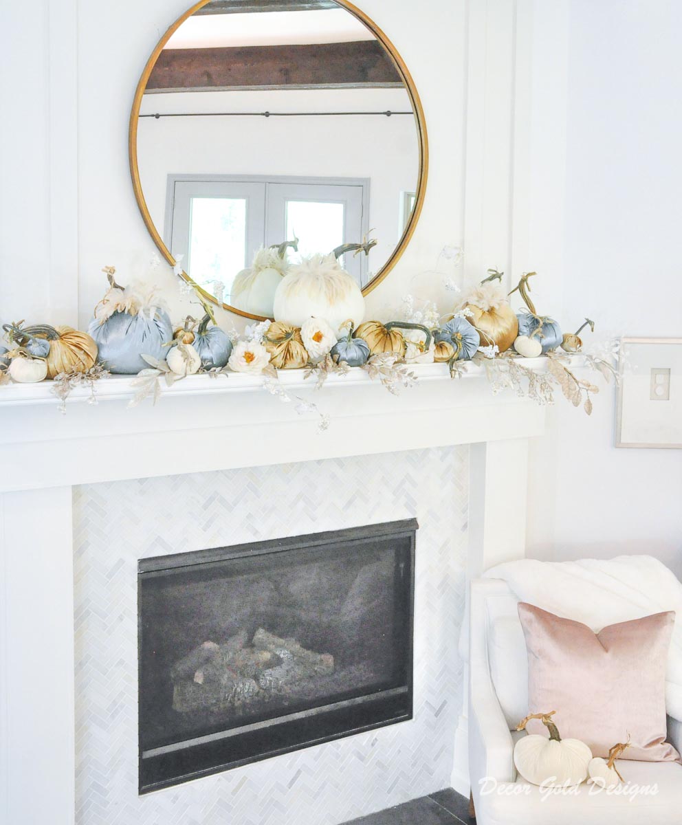 Fall home tour mantel velvet pumpkins