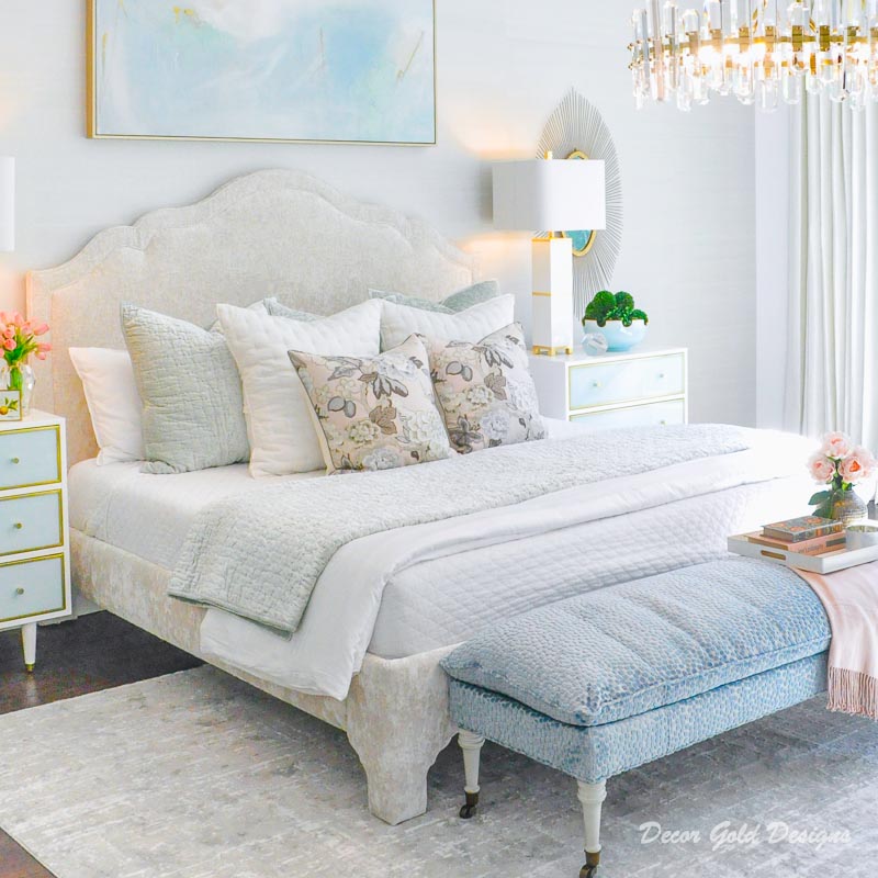 Southern glam master bedroom reveal upholstered bed