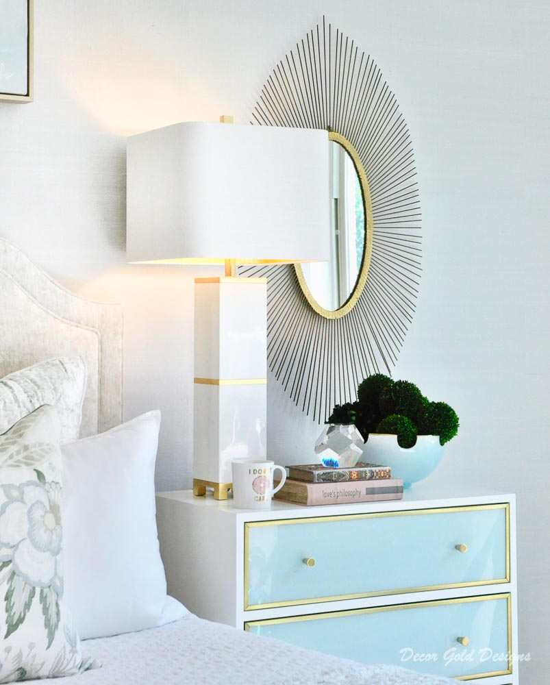 Southern glam master bedroom reveal beautiful white sea foam green nightstands