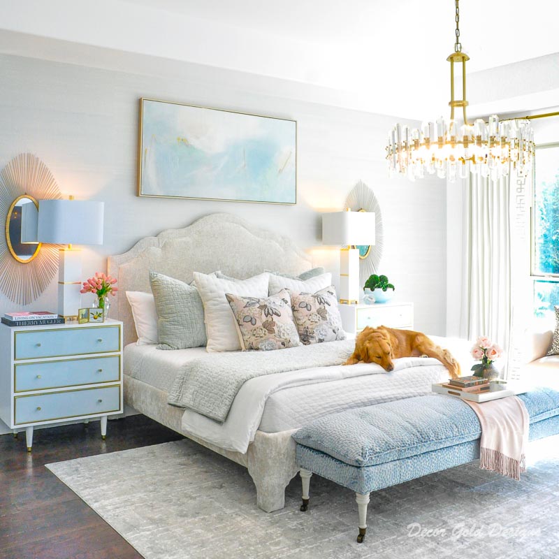 Master bedroom design , Blue pattern headboard and wall cladding behind  bedroom just look glamorous and luxurious! #masterbedroom…