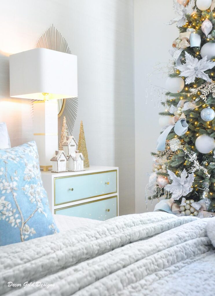 Christmas bedroom white mint green nightstand