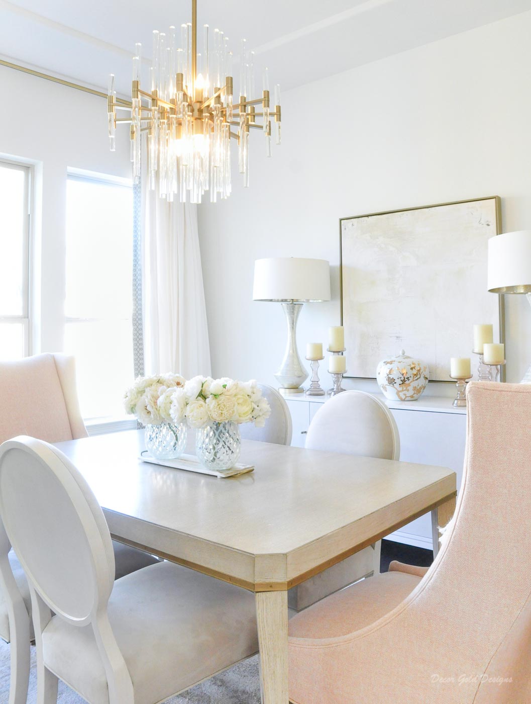 Winter white gold blush dining room