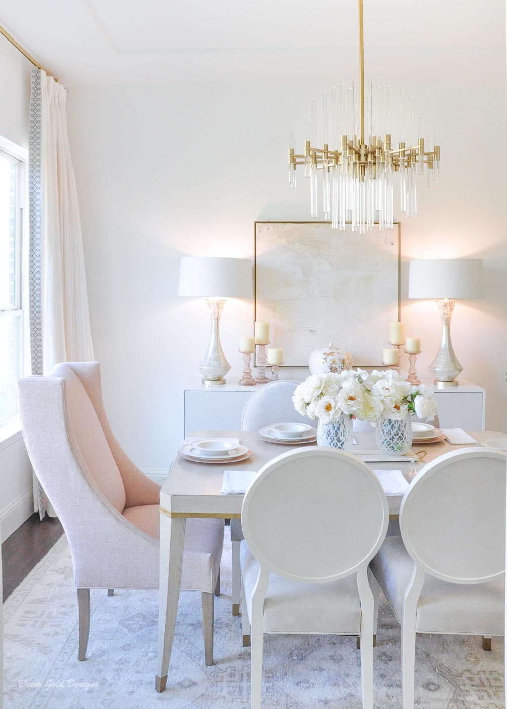 Winter white gold blush dining room