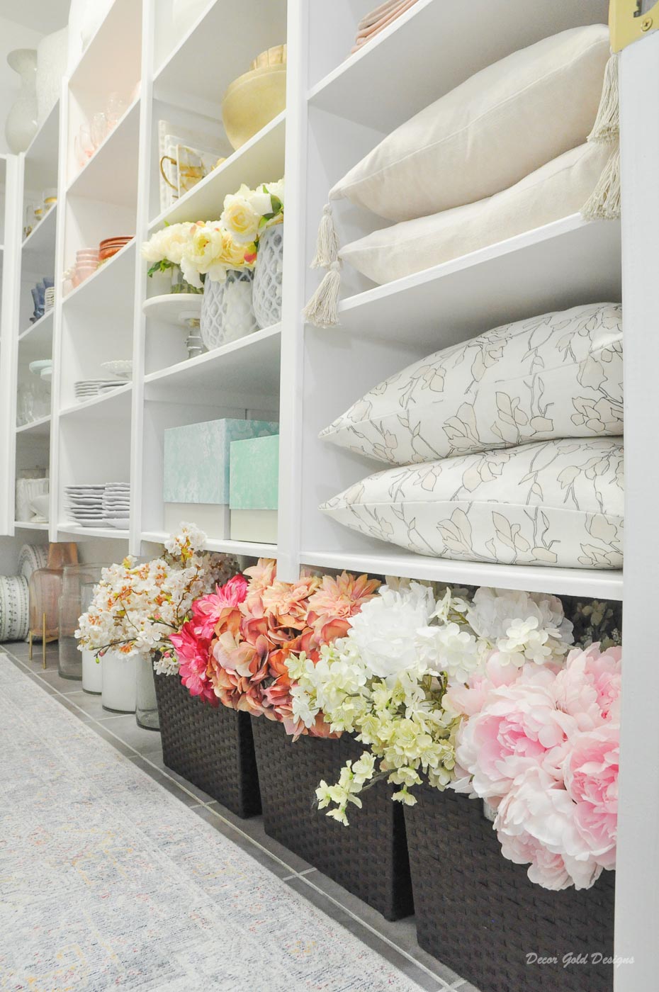 Entertaining closet faux flowers baskets