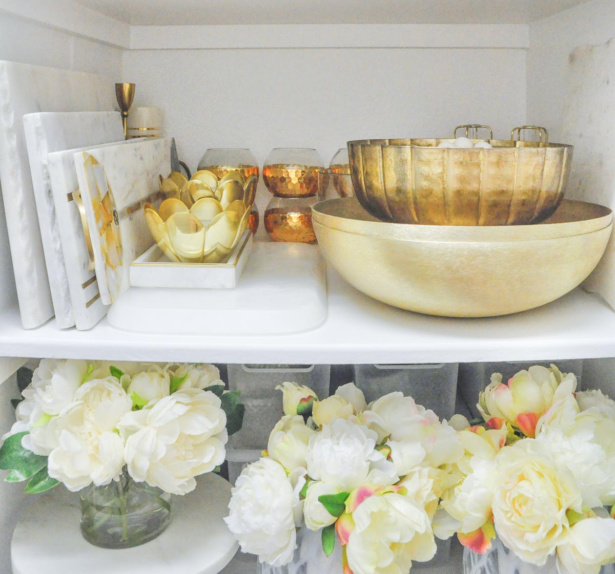 Entertaining closet shelf gold home decor