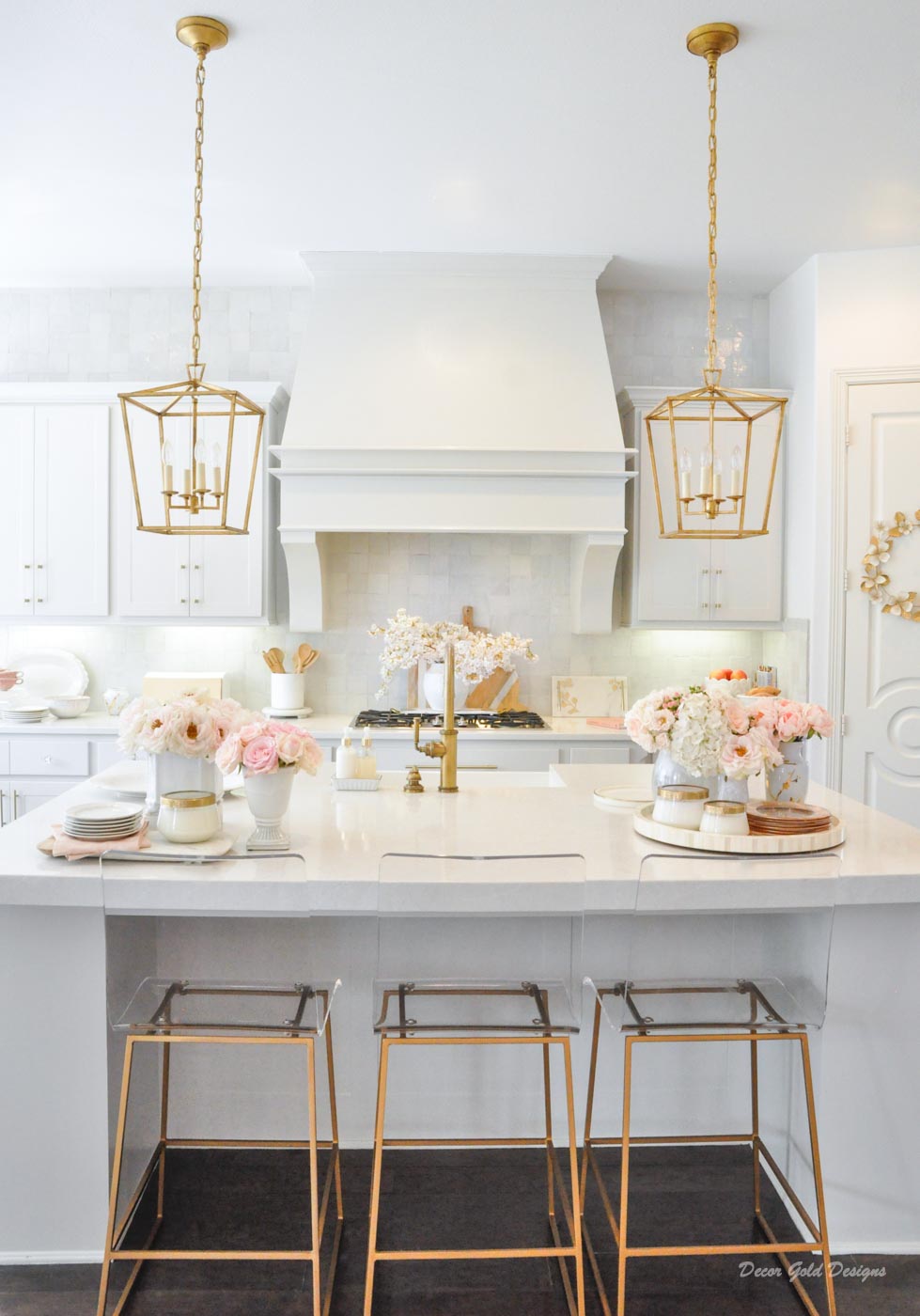 Spring home tour kitchen gold accents white pink flowers