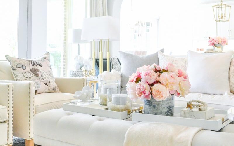 Spring home tour living room decor pink peonies