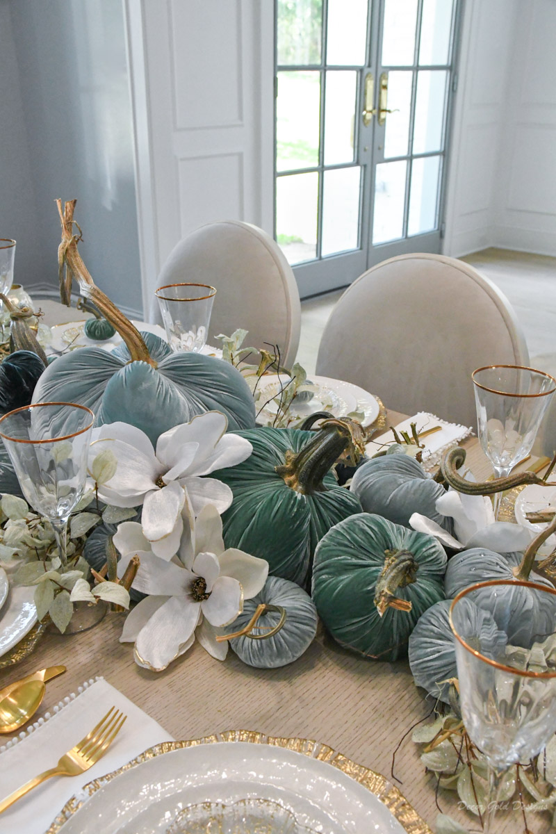 fall dining room velvet pumpkins shades blue